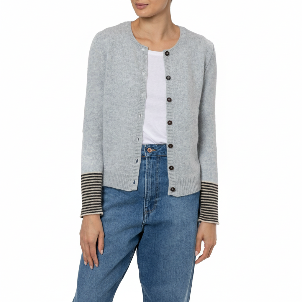 Loro Piana Pale Grey Cashmere Cardigan Stripe Cuffs Dilly Marilyn Moore