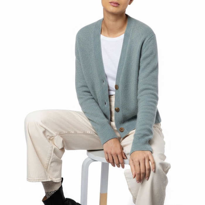 Loro Piana handmade Cashmere cardigan in blue grey Roshin by Marilyn Moore