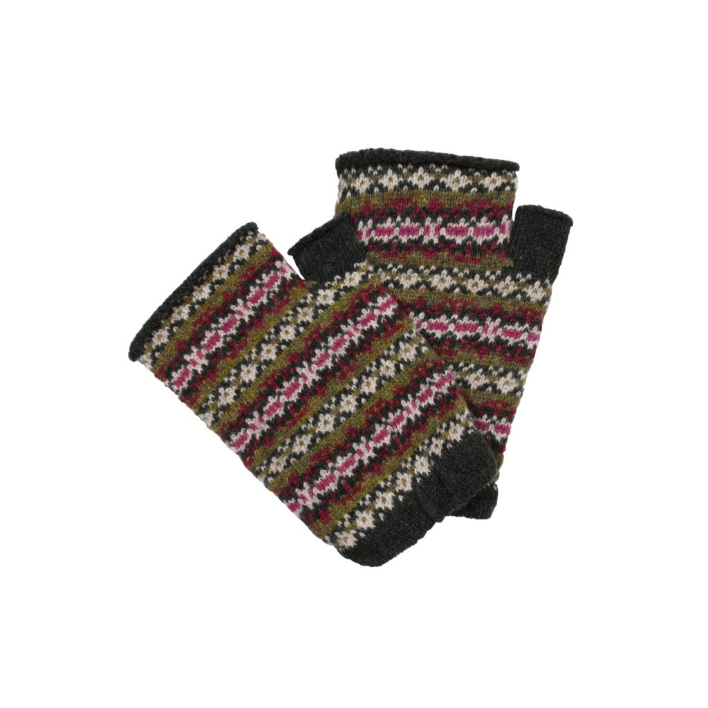 Fair Isle wristwarmers British wool Fir green Marilyn Moore