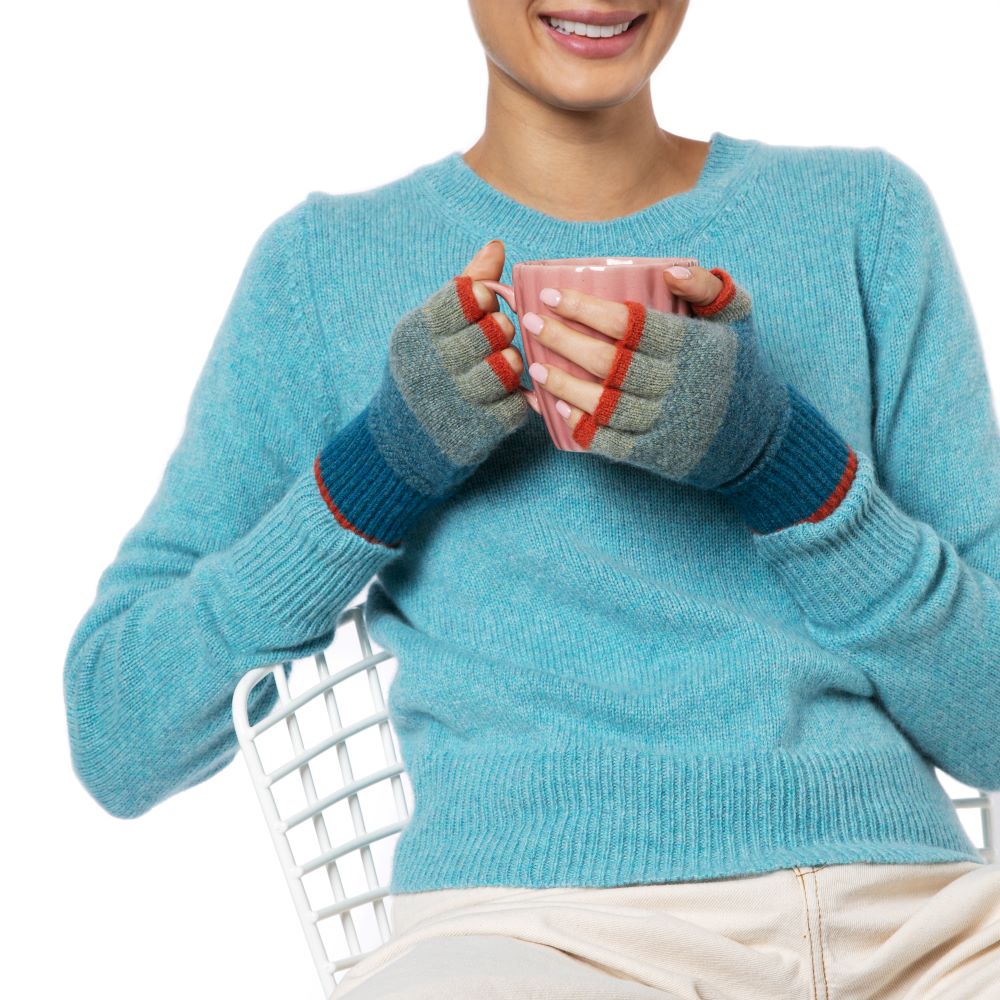 Uist Fingerless glove teal blue orange Scotland from Marilyn Moore