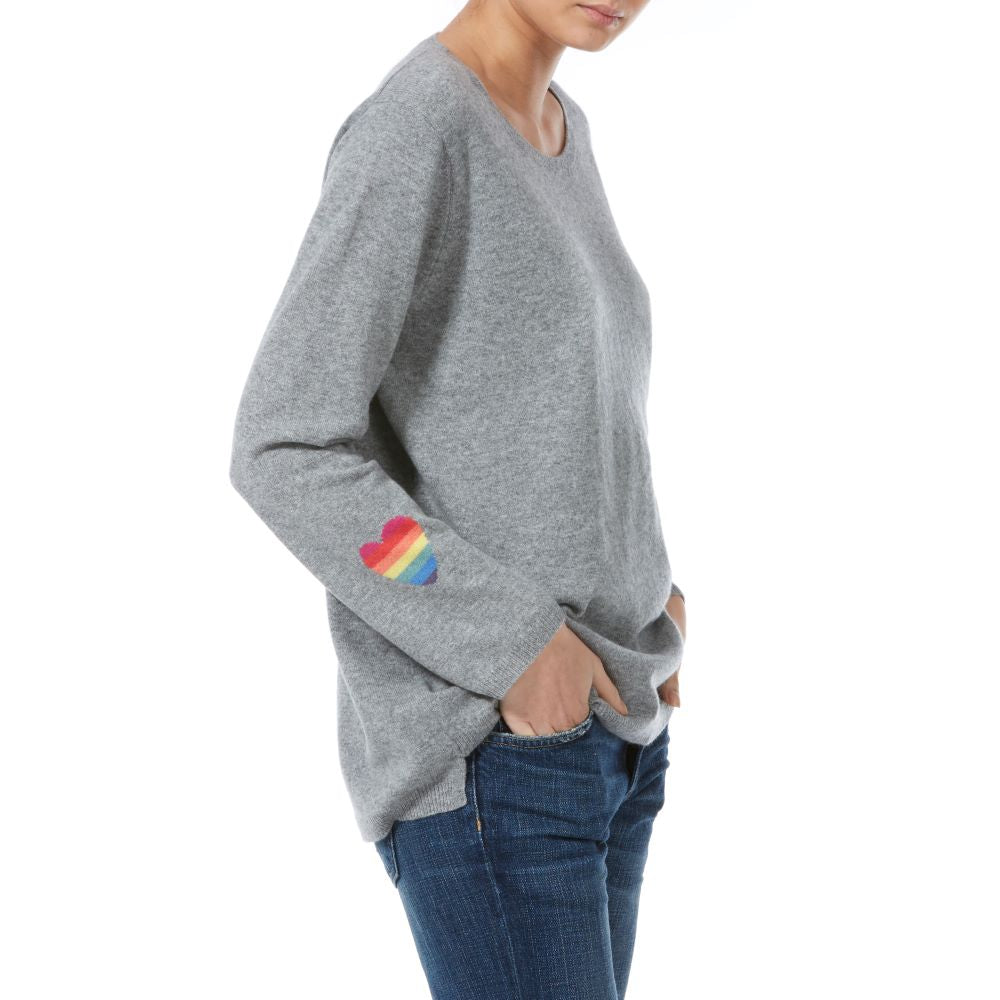 Grey Cashmere sweater with Rainbow heart motif on sleeve Marilyn Moore