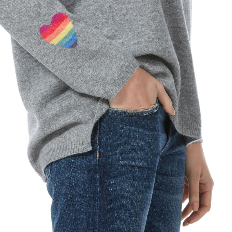 Grey Cashmere sweater with Rainbow heart motif on sleeve Marilyn Moore