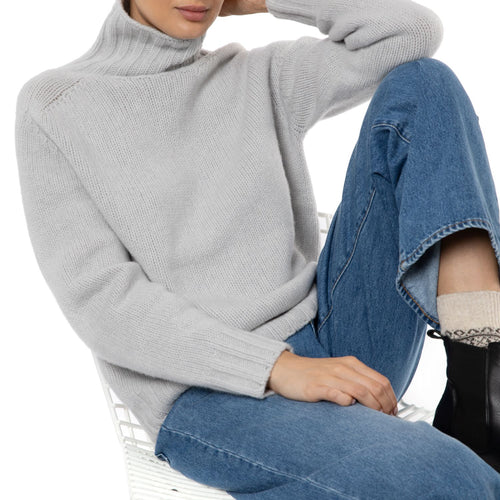 Claudia Pale Grey Funnel neck Cashmere Merino Jumper by Marilyn Moore