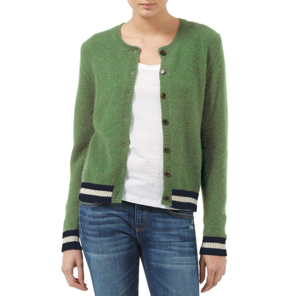 Green  Cashmere cardigan with black and white trim  Dakota by Marilyn Moore  Loro Piana