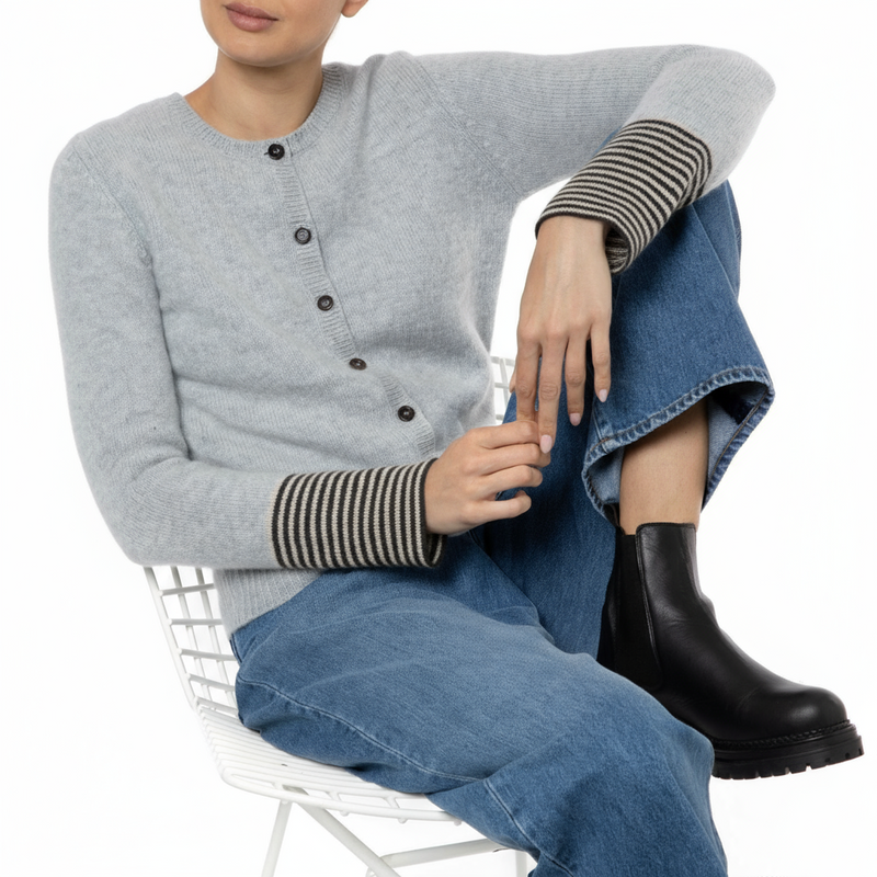 Loro Piana Pale Grey Cashmere Cardigan Stripe Cuffs Dilly Marilyn Moore