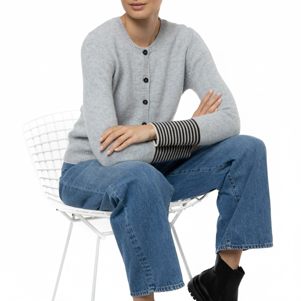 Loro Piana Pale Grey Cashmere Cardigan Stripe Cuffs Dilly Marilyn Moore