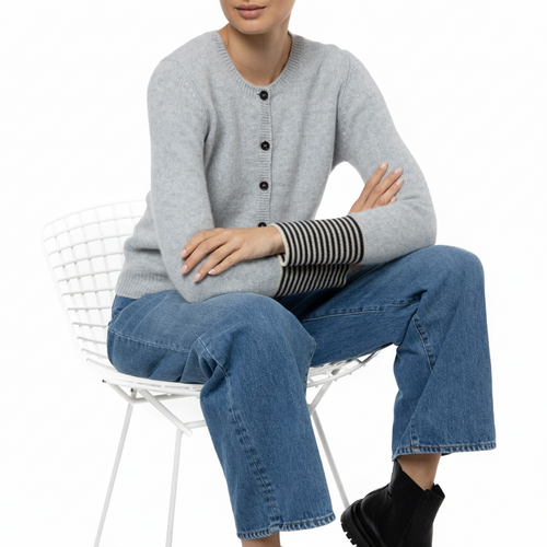 Loro Piana Pale Grey Cashmere Cardigan Stripe Cuffs Dilly Marilyn Moore