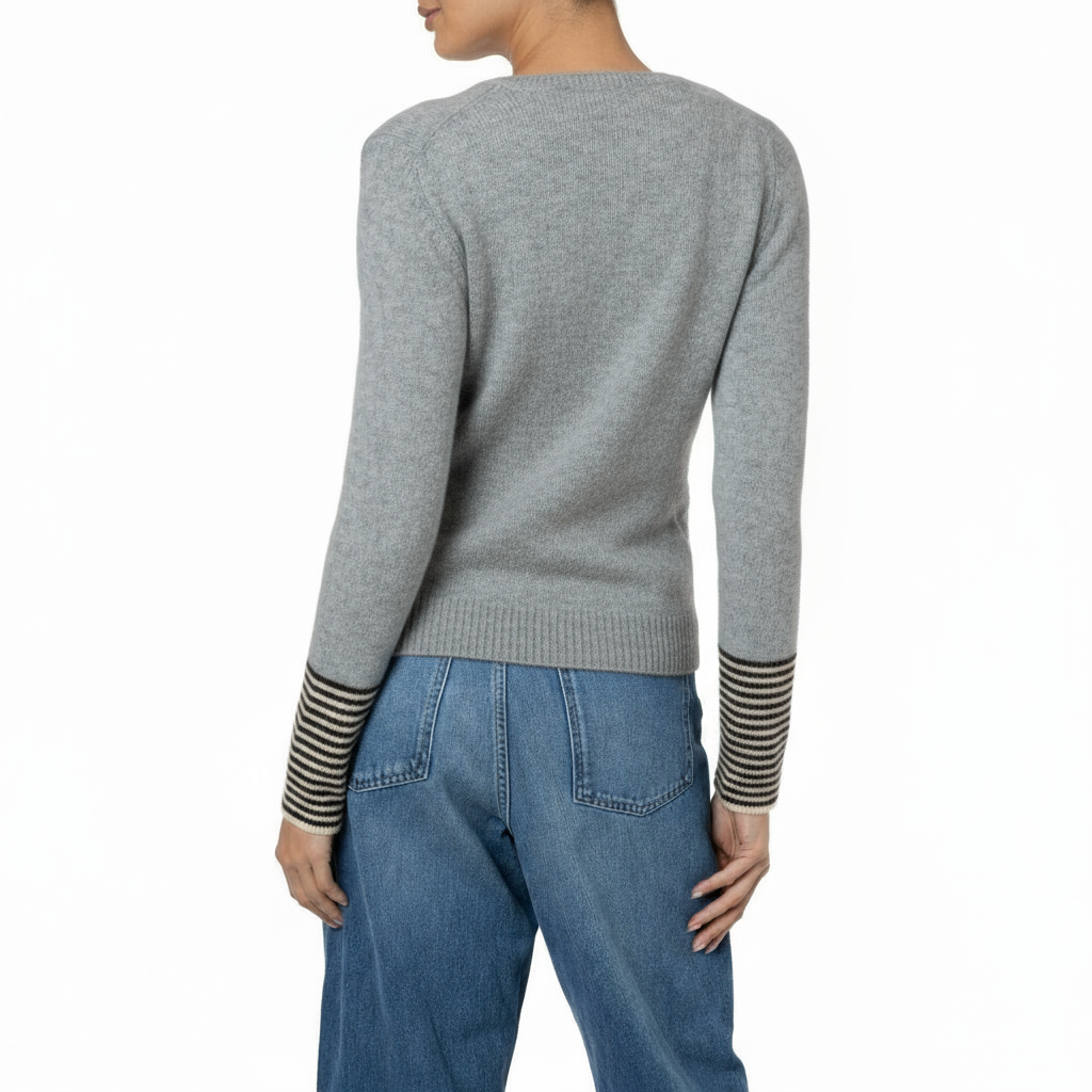 Dilly Cashmere Stripe Cuff Cardigan - Soft Grey