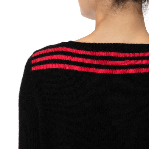 Loro Piana Black Red Cashmere stripe sweater Black Crystal button from Marilyn Moore LONDON