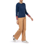 Handmade Loro Piana Cashmere sweater Navy Denim red stripe cuff Marilyn Moore
