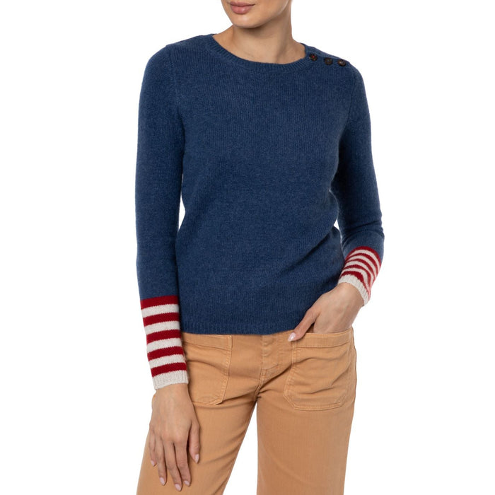 Handmade Loro Piana Cashmere sweater Navy Denim red stripe cuff Marilyn Moore