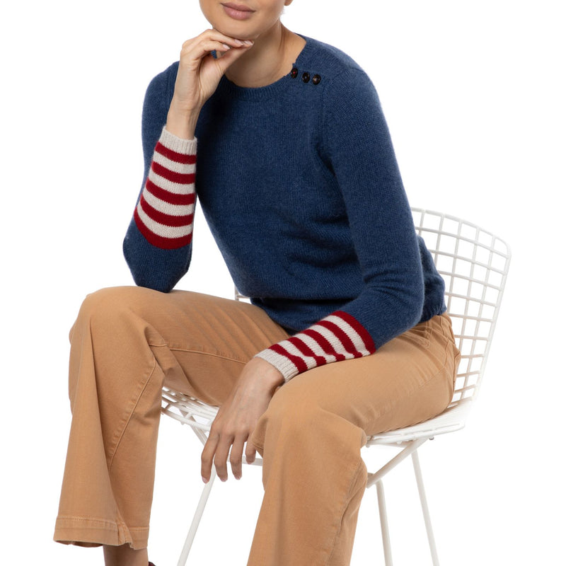 Handmade Loro Piana Cashmere sweater Navy Denim Blue red stripe cuff Marilyn Moore