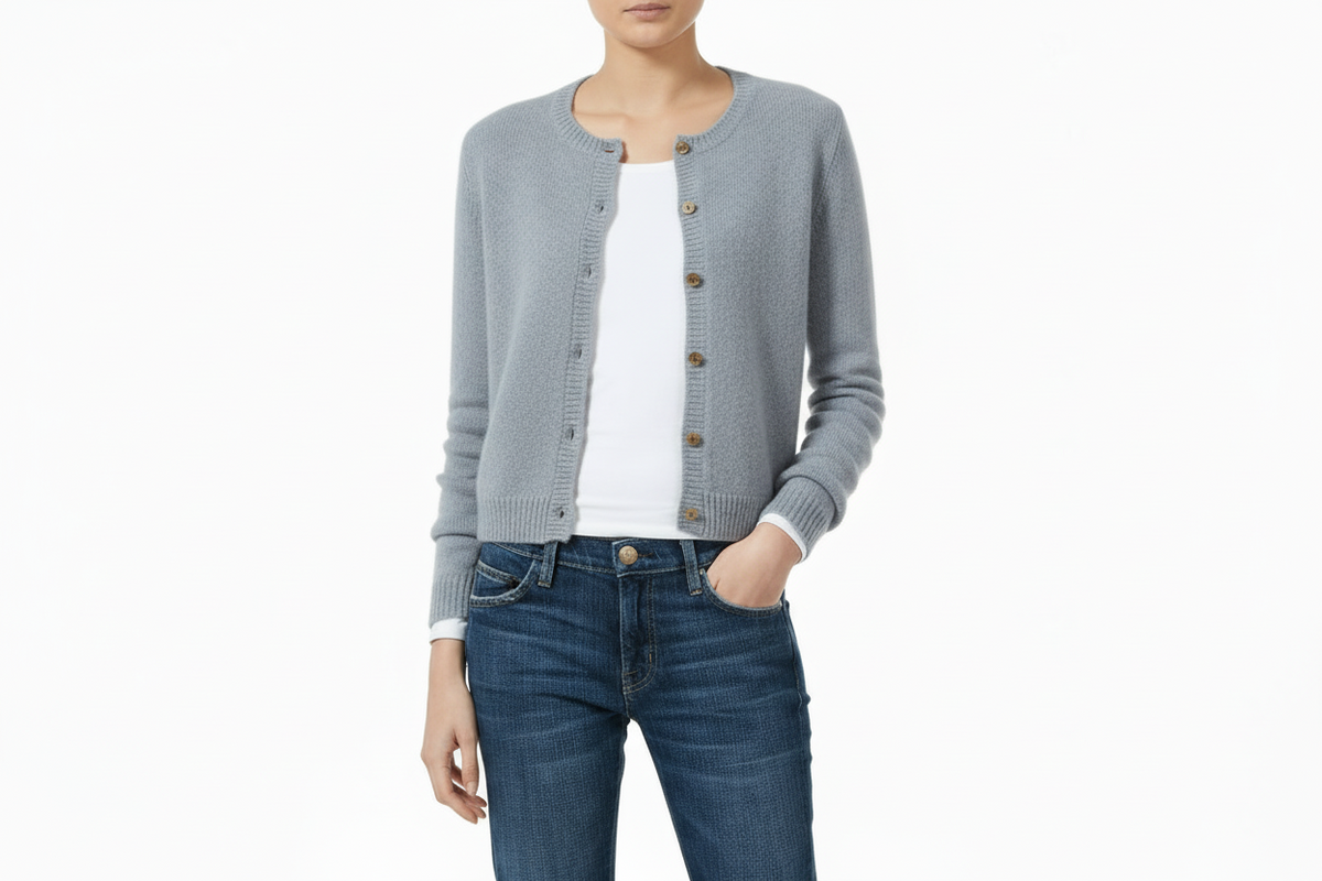 Dolly Slate grey blue Loro Piana cashmere cardigan from Marlyn Moore