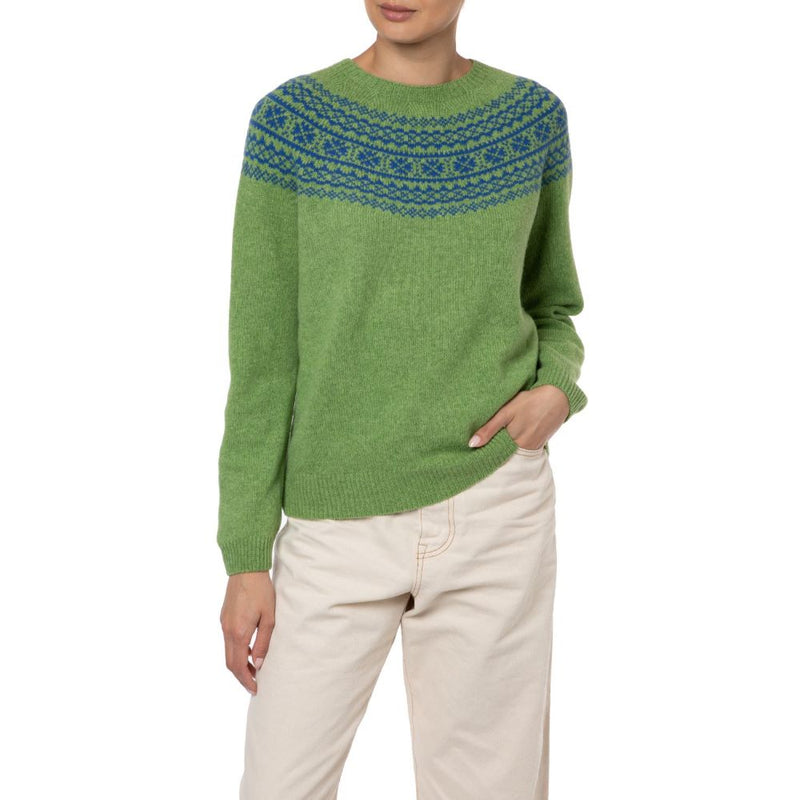 Marilyn Moore Scottish Fair Isle Sweater Green Blue Todd and Duncan Geelong Lambswool Estelle