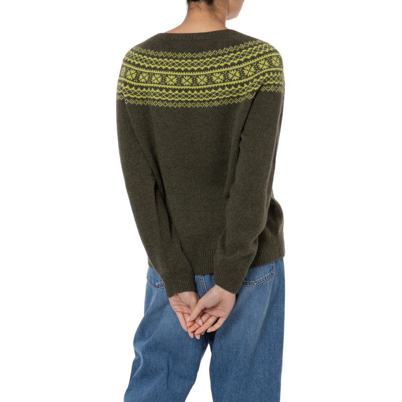 Marilyn Moore Scottish Fair Isle Sweater Khaki Green Todd and Duncan Geelong Lambswool Estelle