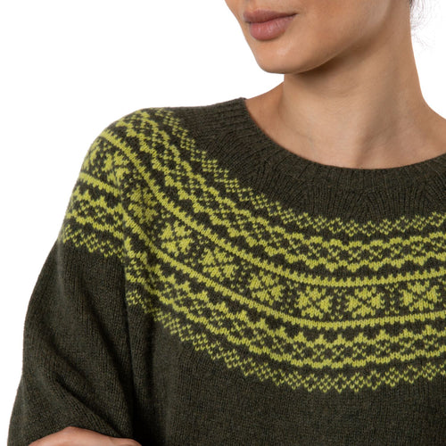 Marilyn Moore Scottish Fair Isle Sweater Khaki Green Todd and Duncan Geelong Lambswool Estelle