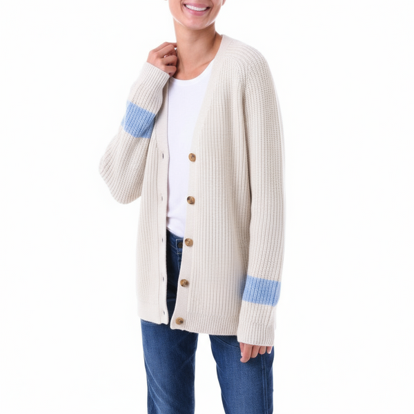 Petworth Cashmere Merino Rib Cardigan Stone Blue