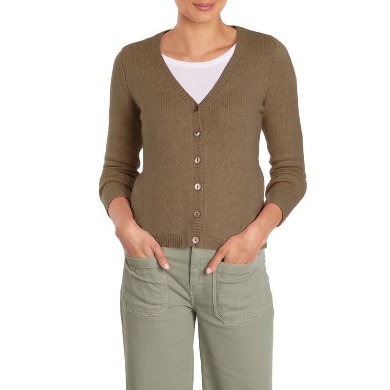 Odette Cashmere Cardigan Khaki Green Loro Piana Cashmere by Marilyn Moore