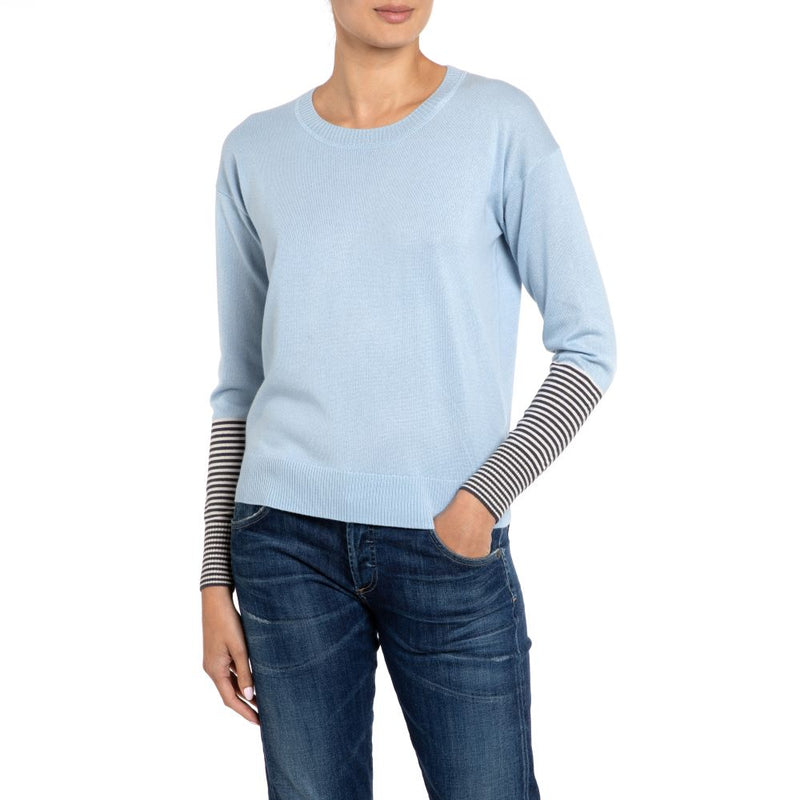 Cashmere Silk sweater Pale Blue Stripe Cuff Marilyn Moore