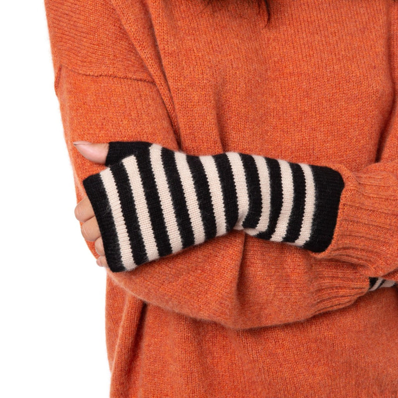 Simple stripe Cashmere wrist warmers black ivory Marilyn Moore