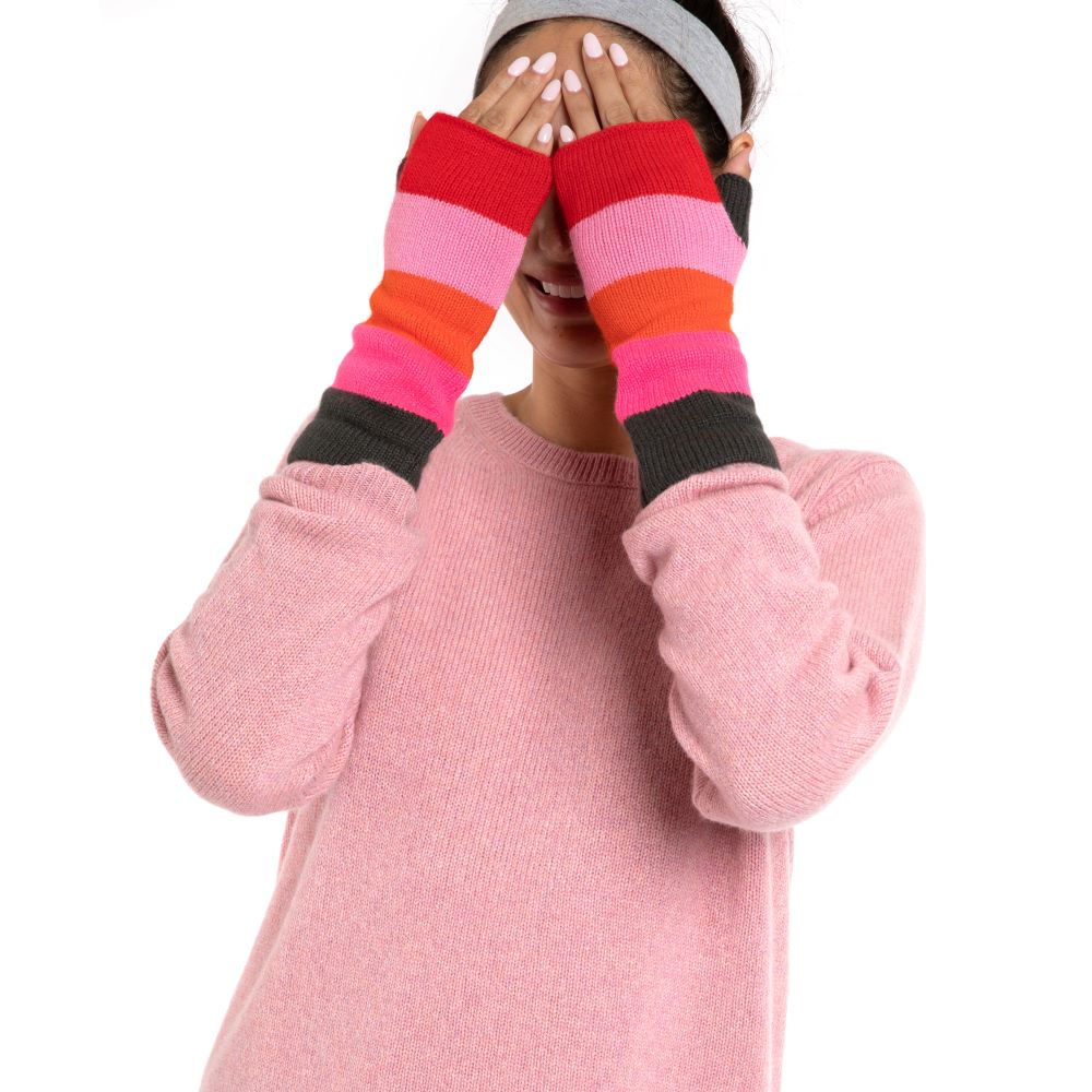 Cashmere Block Stripe Wrist Warmers Pink - Marilyn Moore