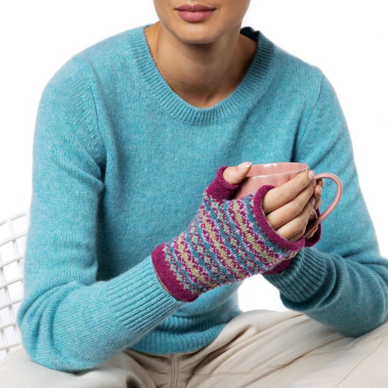 Fair Isle wristwarmers British wool Raspberry Blue Marilyn Moore