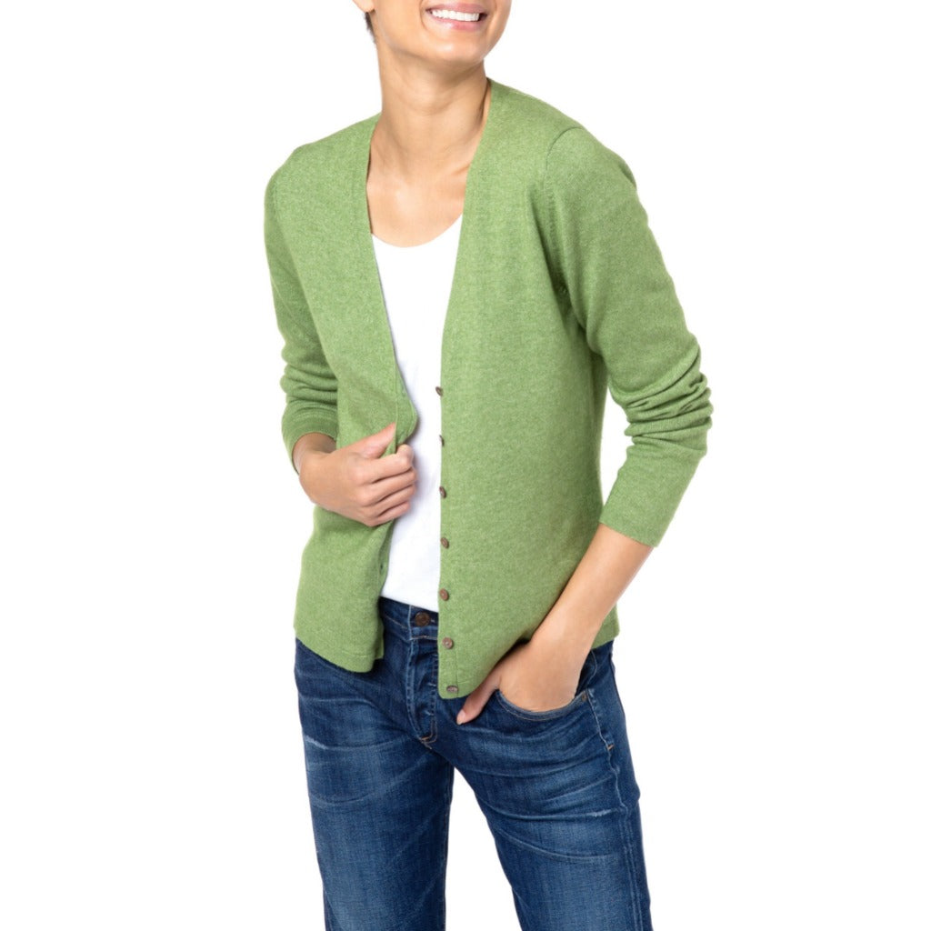 Cashmere Silk Cardigan V neck Green Marilyn Moore