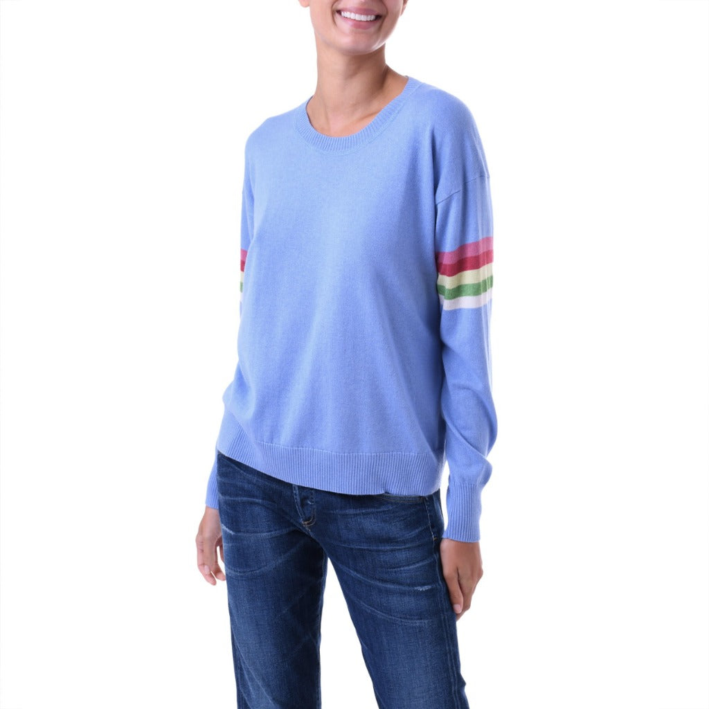 Blue sweater with rainbow shoulders on sale